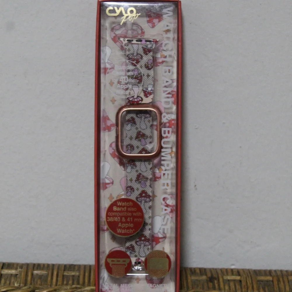 Cylo Pop. Mushroom Print. Metal Mesh Watch Band & Bumper Case. for Apple 41mm.